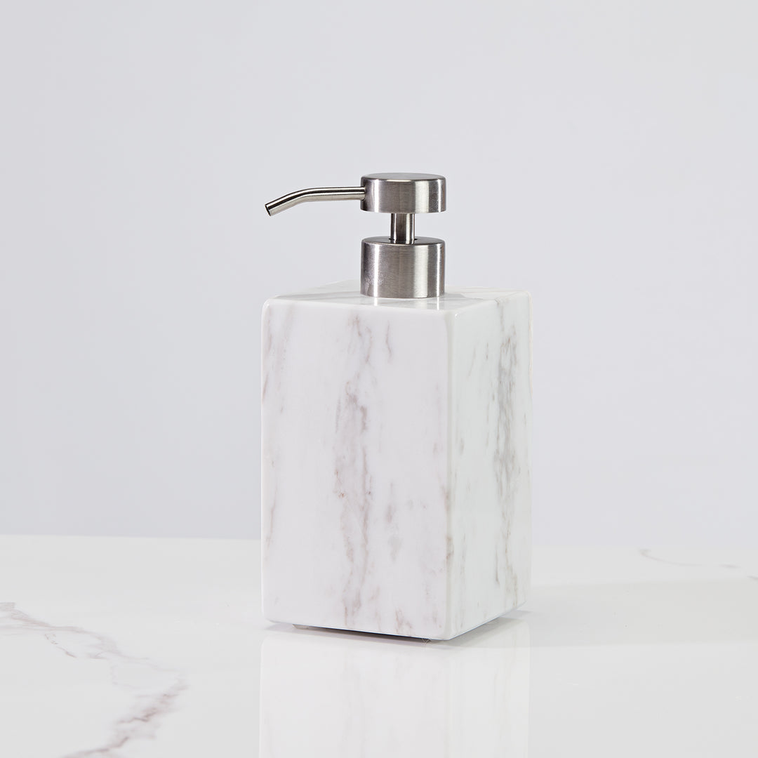 Polished Arabascato Marble Bath Accessories with Stainless Steel Pump - Elegant Decor for Marble Bathrooms, Featuring Unique Veining