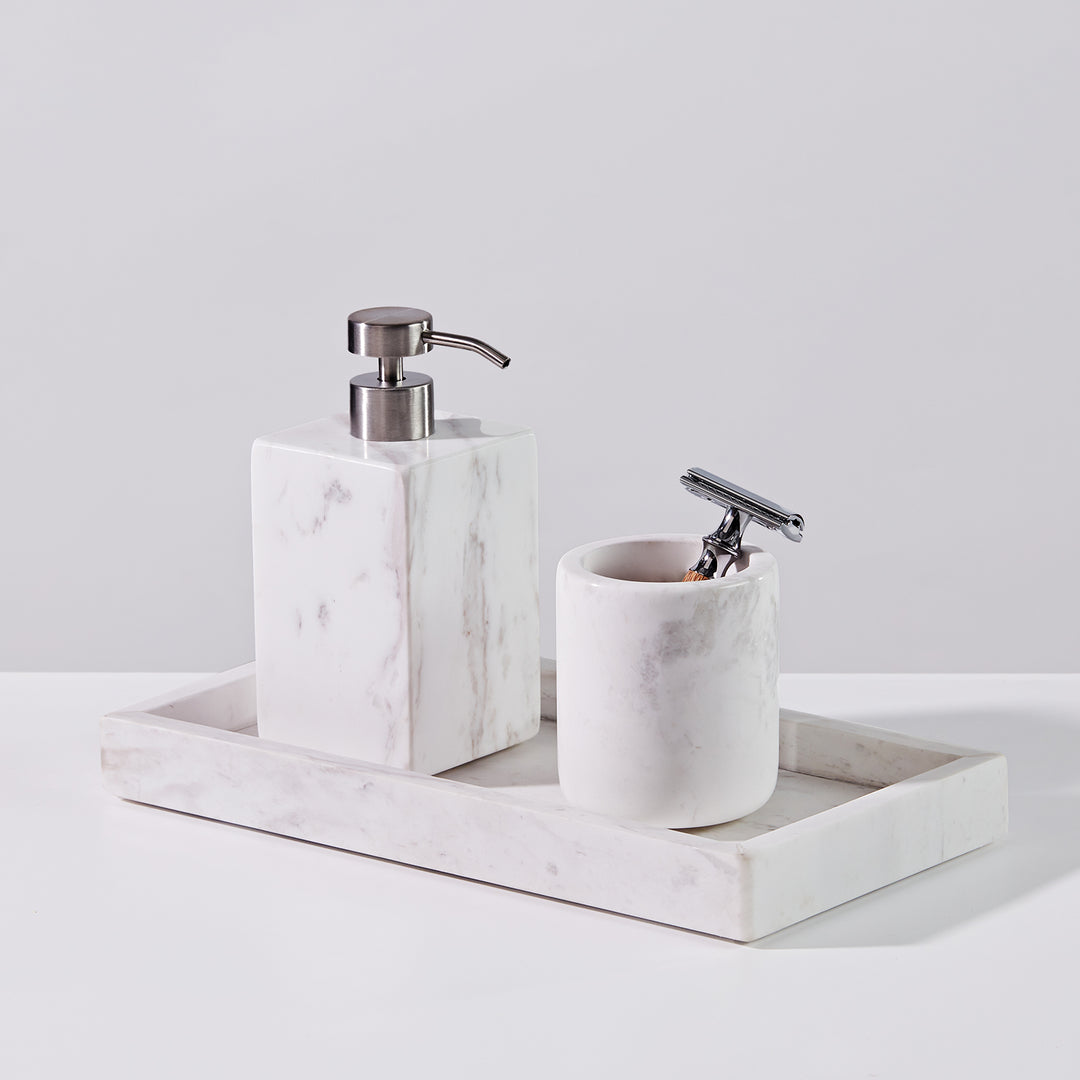 Polished Arabascato Marble Bath Accessories with Stainless Steel Pump - Elegant Decor for Marble Bathrooms, Featuring Unique Veining