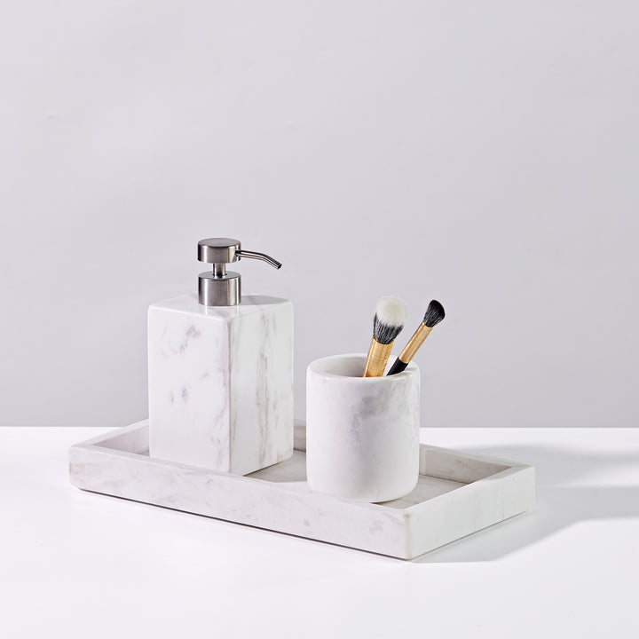 Polished Arabascato Marble Bath Accessories with Stainless Steel Pump - Elegant Decor for Marble Bathrooms, Featuring Unique Veining