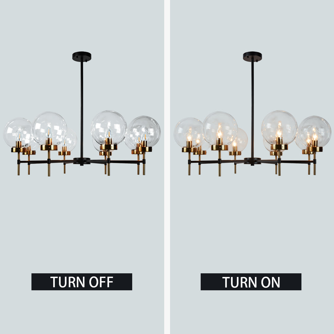 Mid-Century Modern Blown Glass Globe Chandelier - Adjustable Height with Two-Toned Metals for Dining Room, Living Room, and Sitting Room Lighting