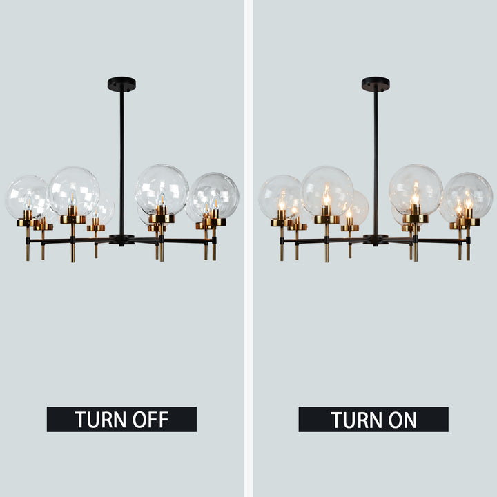 Mid-Century Modern Blown Glass Globe Chandelier - Adjustable Height with Two-Toned Metals for Dining Room, Living Room, and Sitting Room Lighting