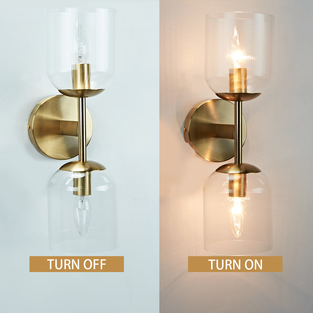 Antique Bronze Double Sconce with Ribbed Glass Shades and Bell-Shaped Design for Durable Indoor Lighting