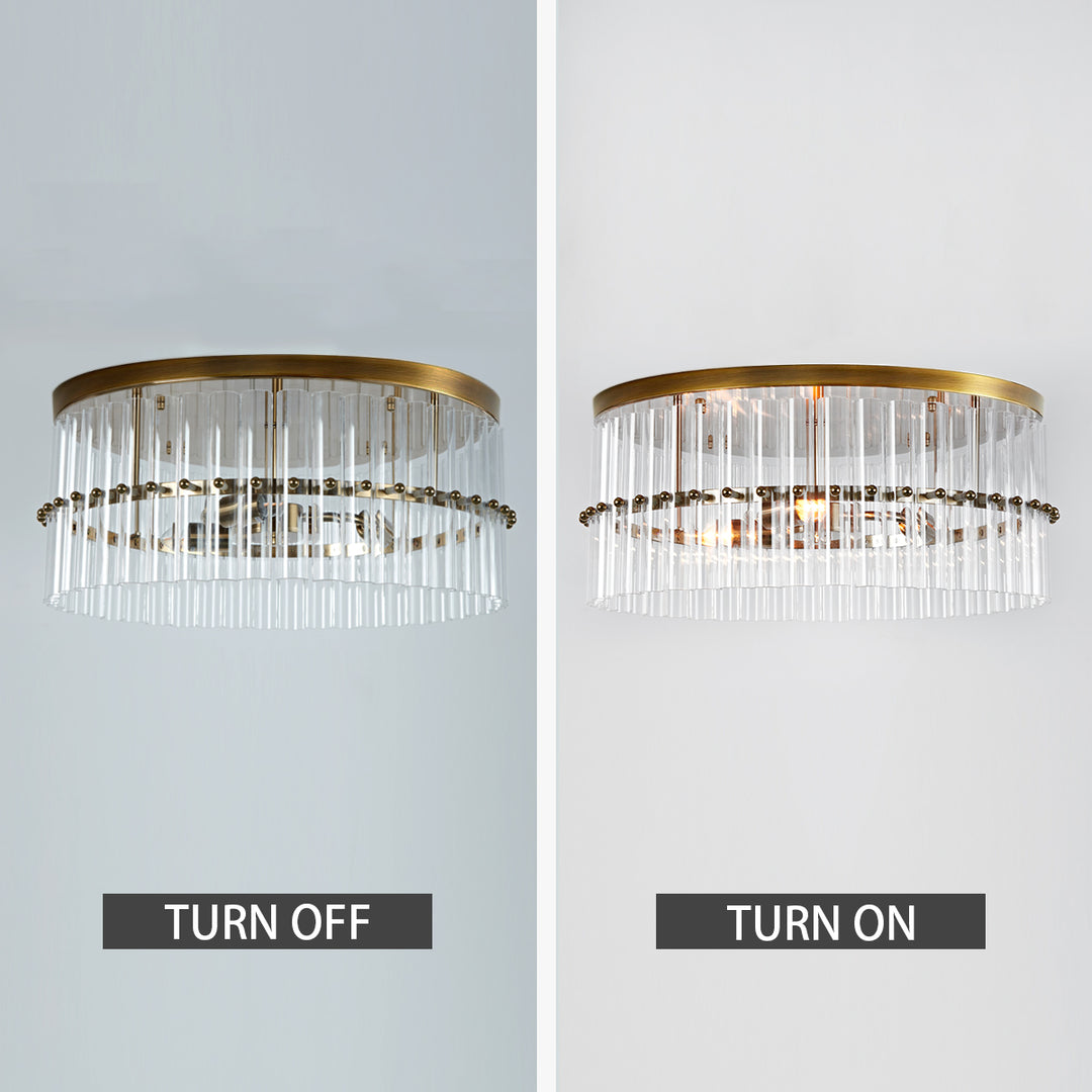 Luminous Steel Craft Flush Mount - Hand-Blown Cut Crystal Glass Shade with Optical Illumination and Tumbled Brass Finish for for Bedroom, Living Room, Dining Room