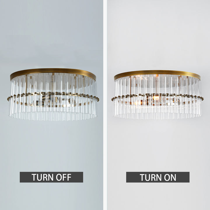 Luminous Steel Craft Flush Mount - Hand-Blown Cut Crystal Glass Shade with Optical Illumination and Tumbled Brass Finish for for Bedroom, Living Room, Dining Room