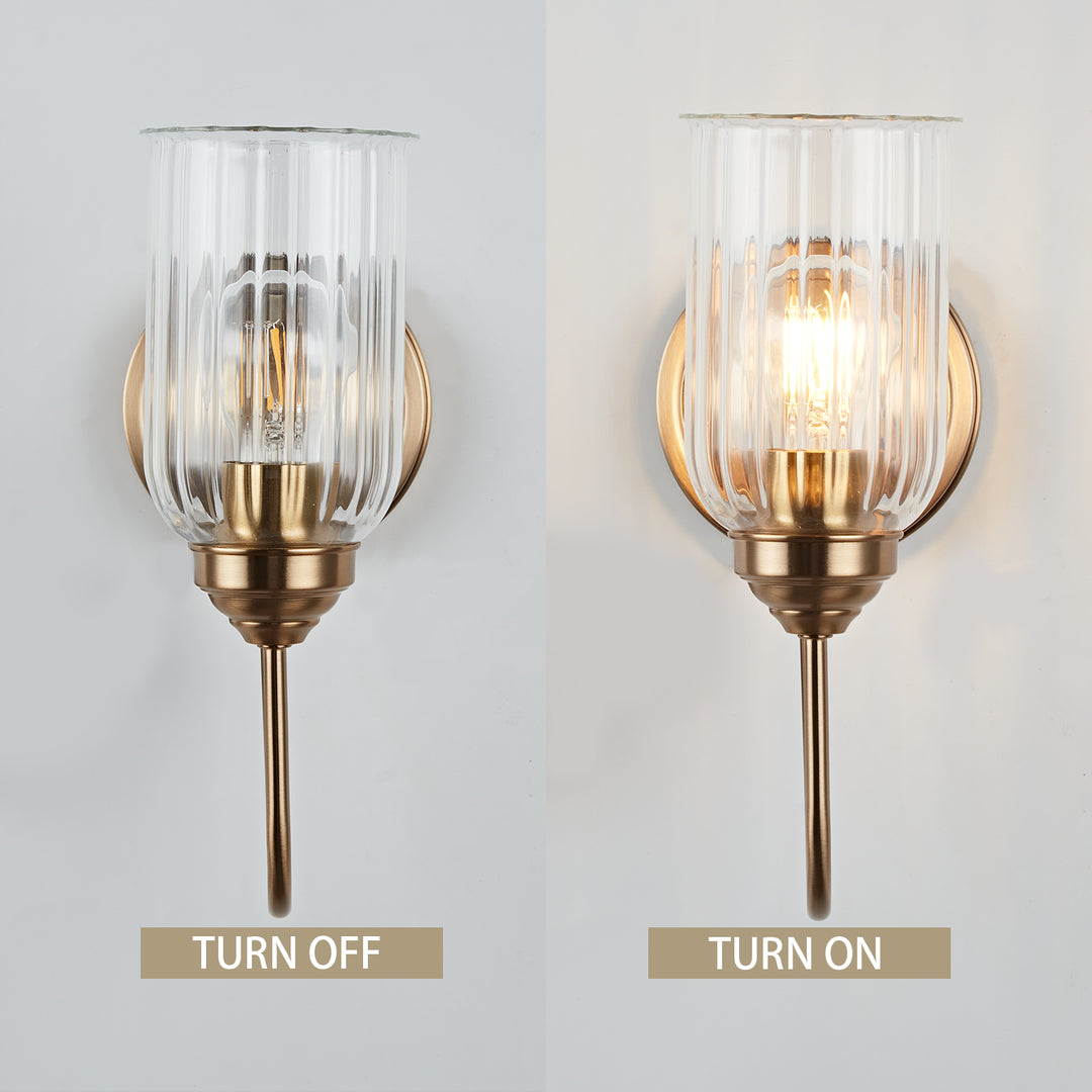 Antique Gooseneck Brass Sconce with Clear Fluted Glass, Gold Wall Mounted Lamp Beside Mirror, Wet-rated Wall Light for Bathroom, Stairs, Kitchen, Hallway, Fireplace (E26 Base)