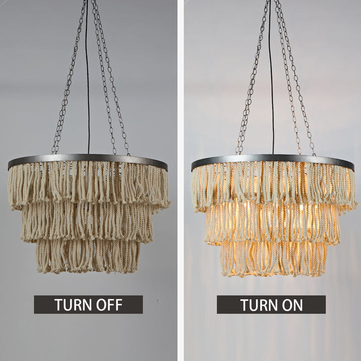Boho 3-Tiered Fringe Chandelier, Mediterranean Tassel Pendant Light with Decorative Rope, Coastal Farmhouse Hanging Light for Living Room, Dining Room, Bedroom