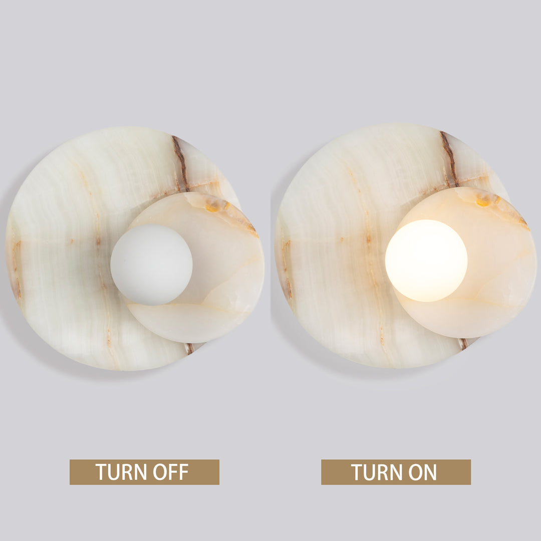 Opaline Cream Sculpture Wall Sconce: Natural Cream Onyx with Opaque White Glass Globe Bulb, Sculptural Design for Living Room, Bathroom, or Bedroom Wall Lighting