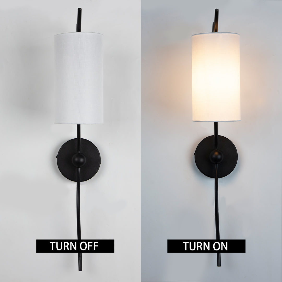 Mid-Century Single Light Wall Sconce with White Linen Shade, Industrial Wall Mounted Lamp with Wavy Black Forged Iron Arm, Hardwired Night Light for Bedroom, Living Room, Hallway