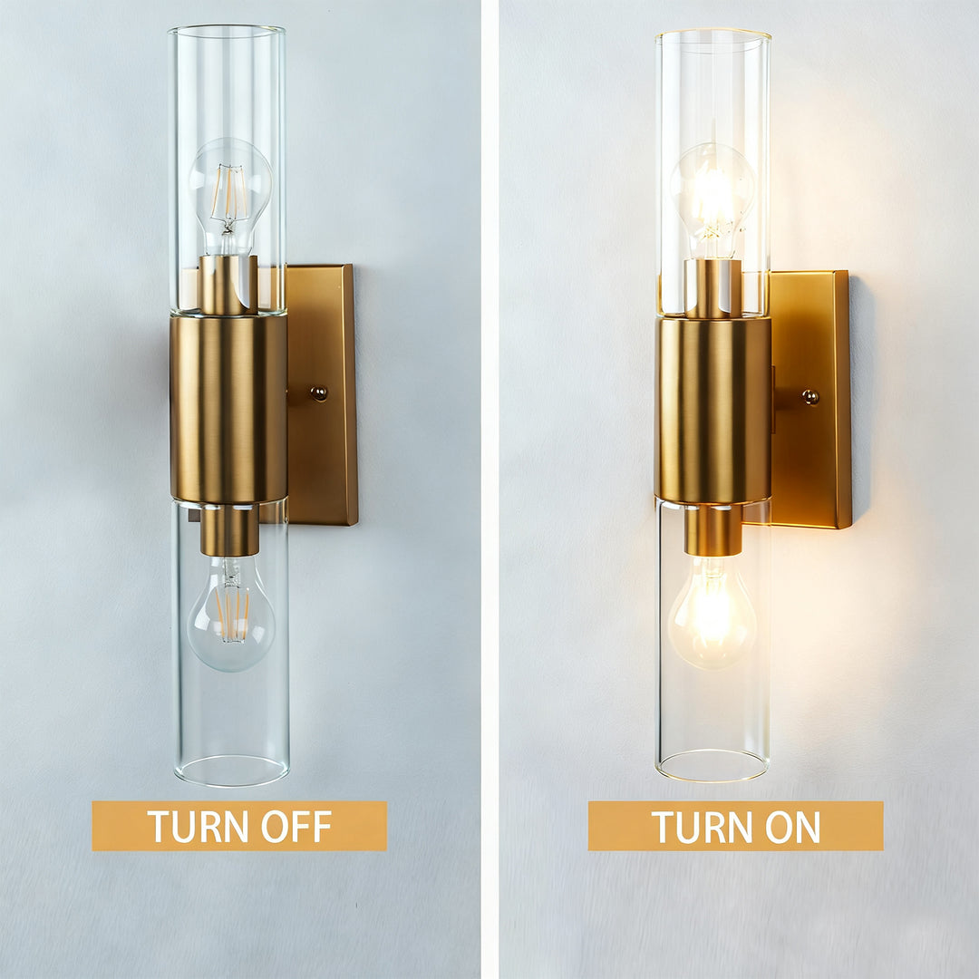 Rustic Geometric Design Double Tube Wall Sconce - Damp Rated Hand-Cut Glass Fixture for Bathroom, Bedroom Wall Sconces, and Wall Lamps