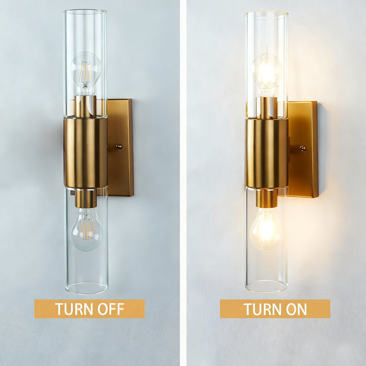 Rustic Geometric Design Double Tube Wall Sconce - Damp Rated Hand-Cut Glass Fixture for Bathroom, Bedroom Wall Sconces, and Wall Lamps