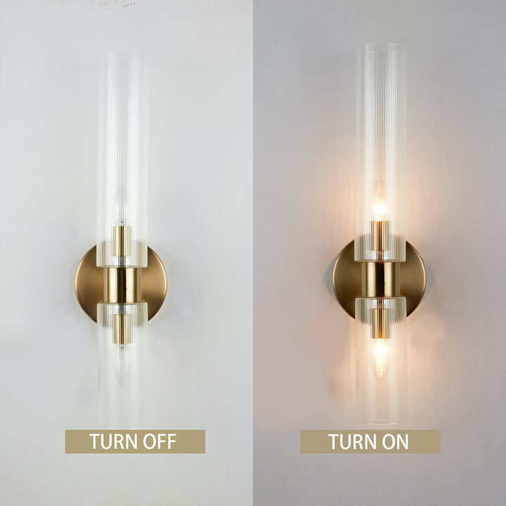 Modern 2-Light Wall Sconce with Clear Fluted Glass, Asymmetrical Double Tube Sconce Wet-rated Bathroom Light Fixture Over Mirror, Hardwired Wall Mount Lamp for Bedroom, Hallway, Living Room