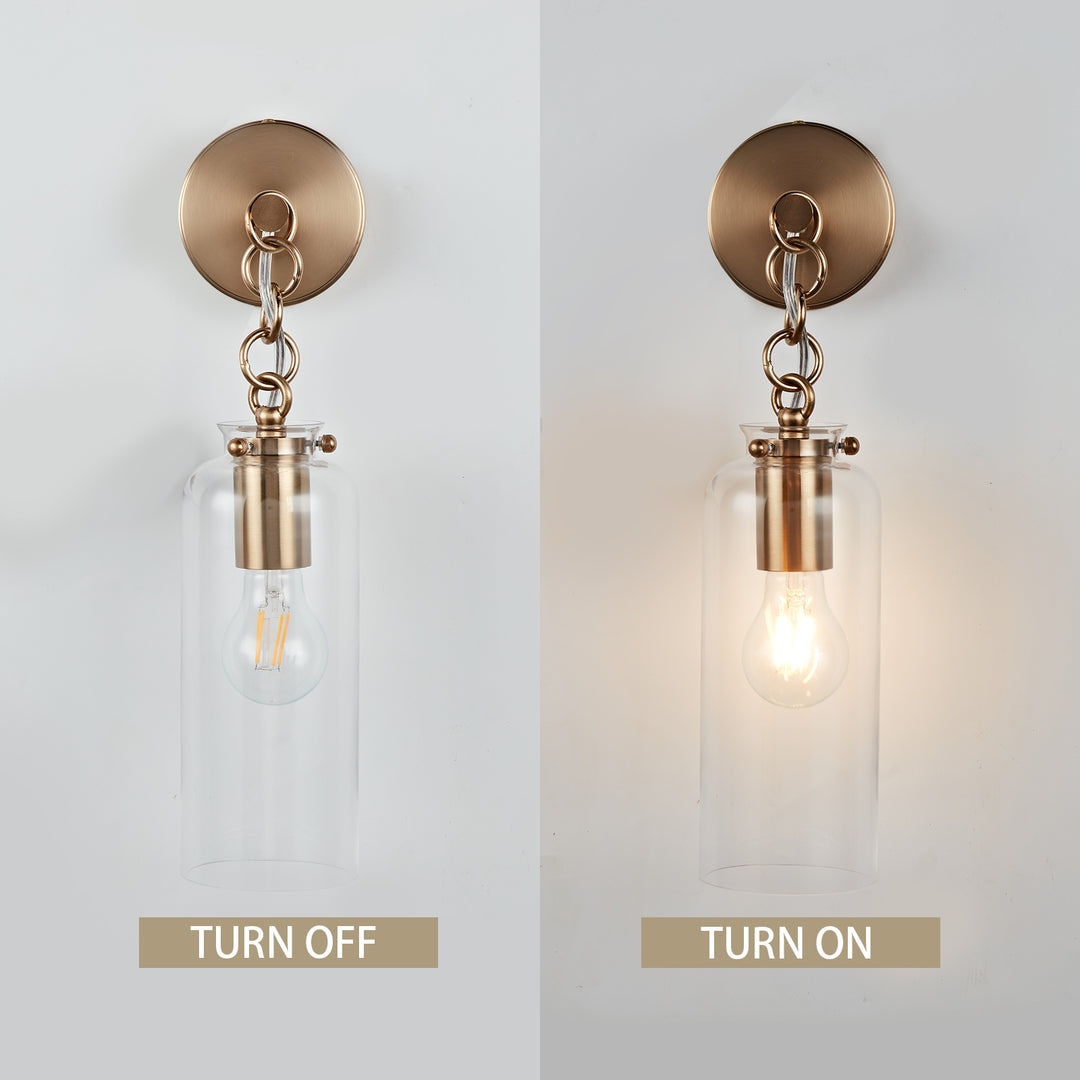 Aged Brass Sconce Wall Lamp, Retro Wall Mounted Lighting with Clear Glass Tube, Decorative Wall Light Fixture for Living Room, Bedroom, Hallway, Kitchen, Staircase