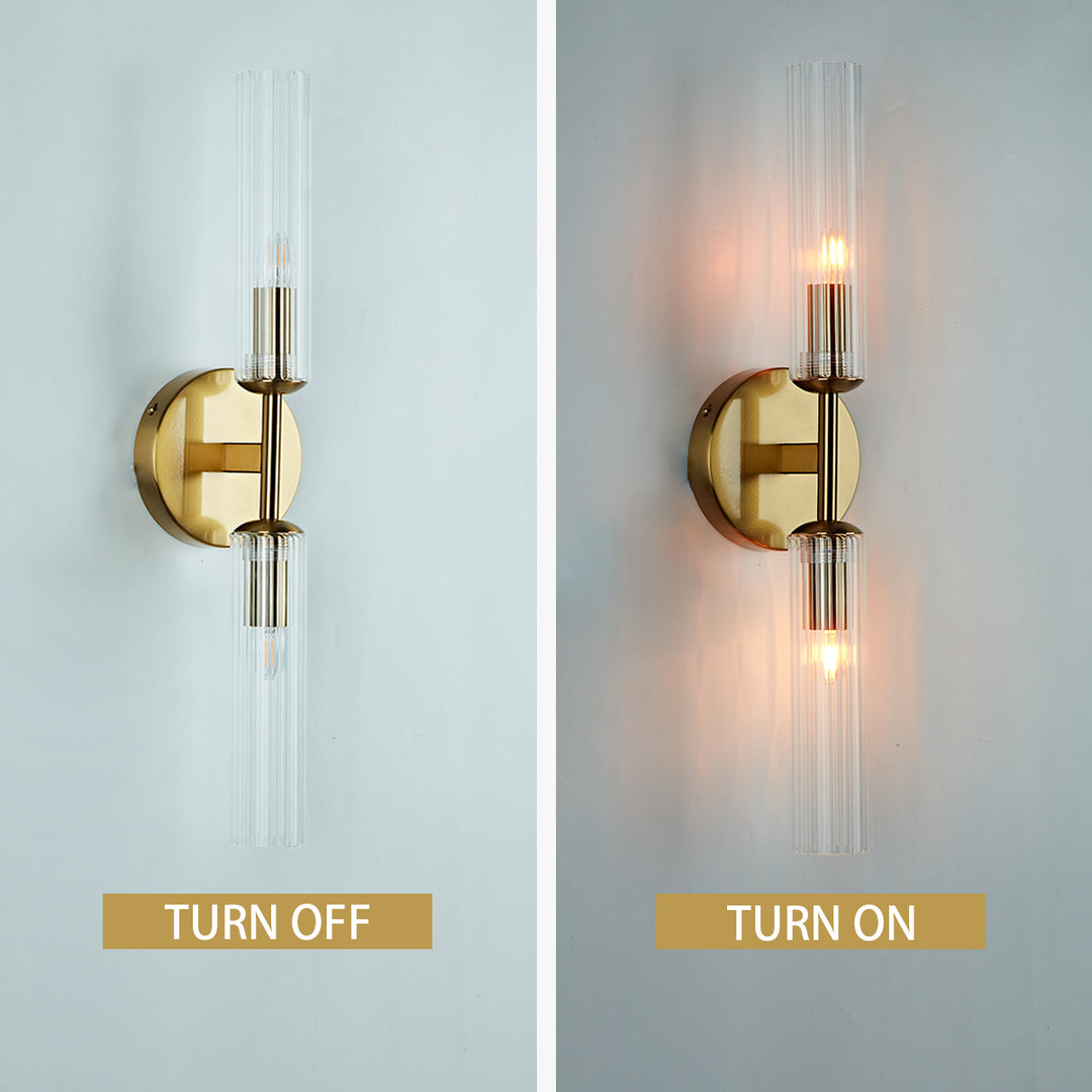 Antique Bronze Double Tube Sconce with Ribbed Glass Shades and Cylindrical Design for Durable Indoor Lighting