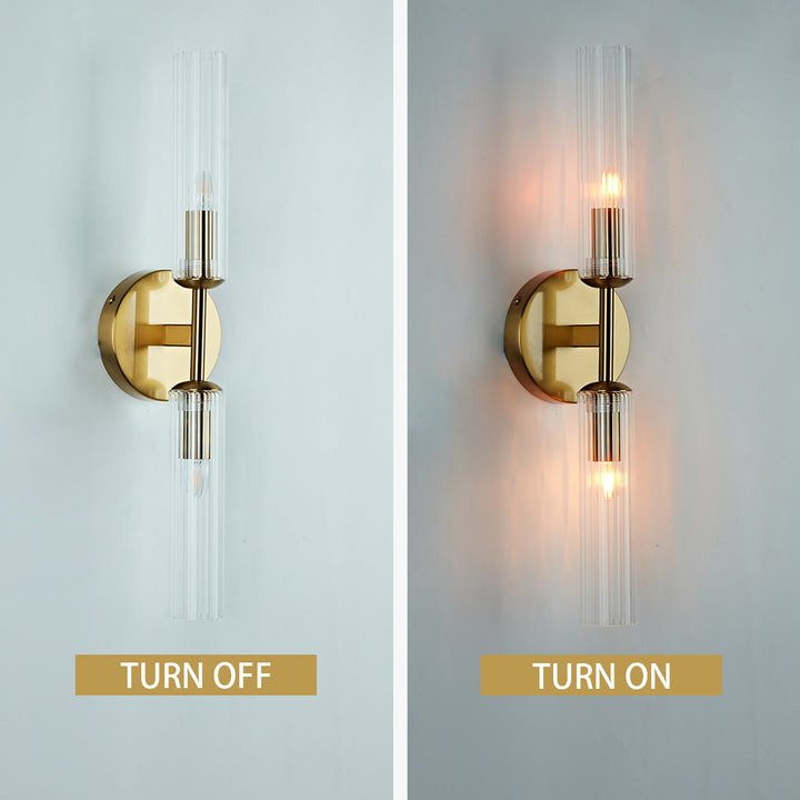 Antique Bronze Double Tube Sconce with Ribbed Glass Shades and Cylindrical Design for Durable Indoor Lighting