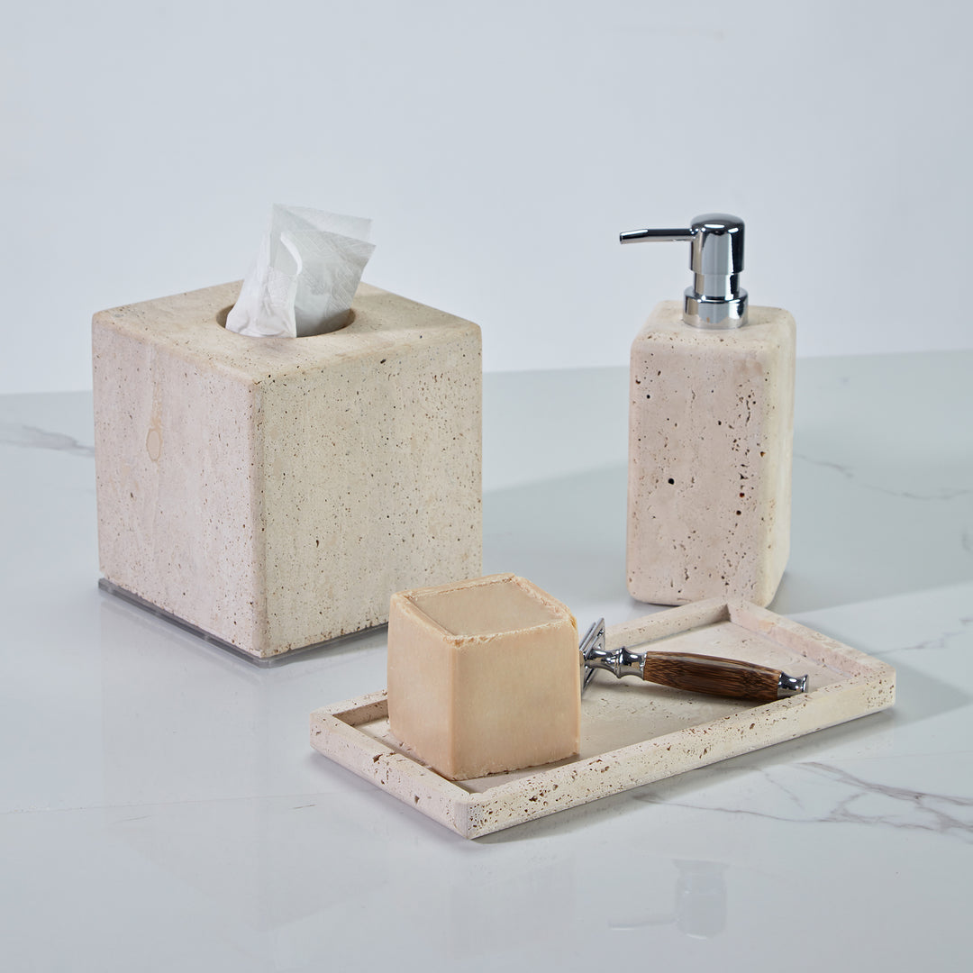 Nature's Touch Travertine Bath Accessories with Organic Edge and Unique Variations for Rustic Bathroom Decor