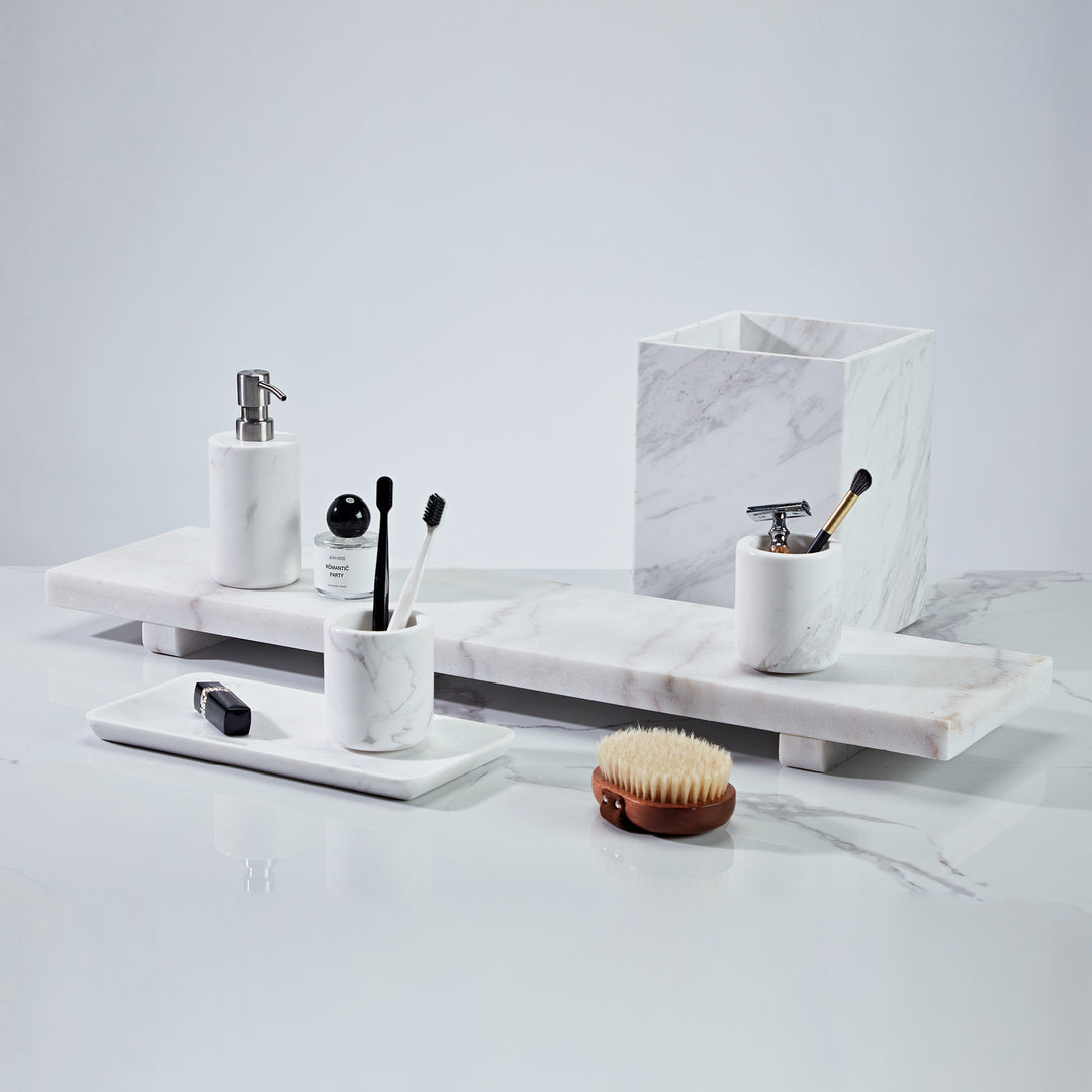 Polished Arabascato Marble Bath Accessories with Stainless Steel Pump - Elegant Decor for Marble Bathrooms, Featuring Unique Veining