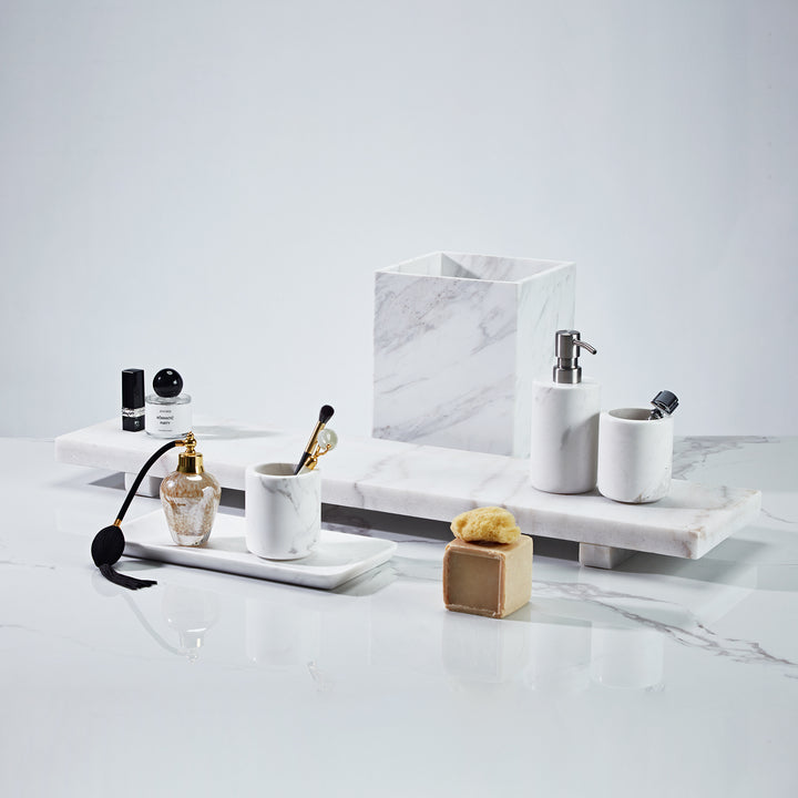 Polished Arabascato Marble Bath Accessories with Stainless Steel Pump - Elegant Decor for Marble Bathrooms, Featuring Unique Veining