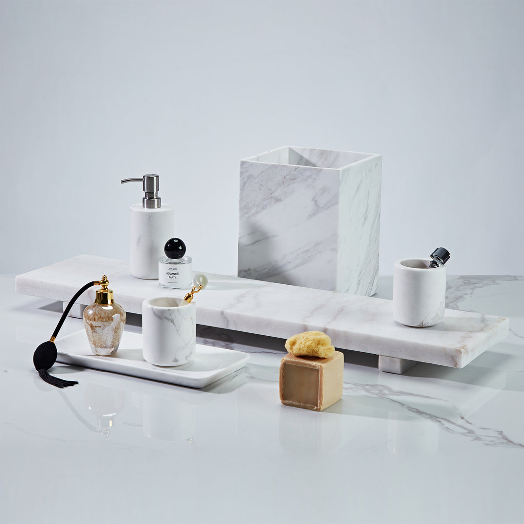 Polished Arabascato Marble Bath Accessories with Stainless Steel Pump - Elegant Decor for Marble Bathrooms, Featuring Unique Veining