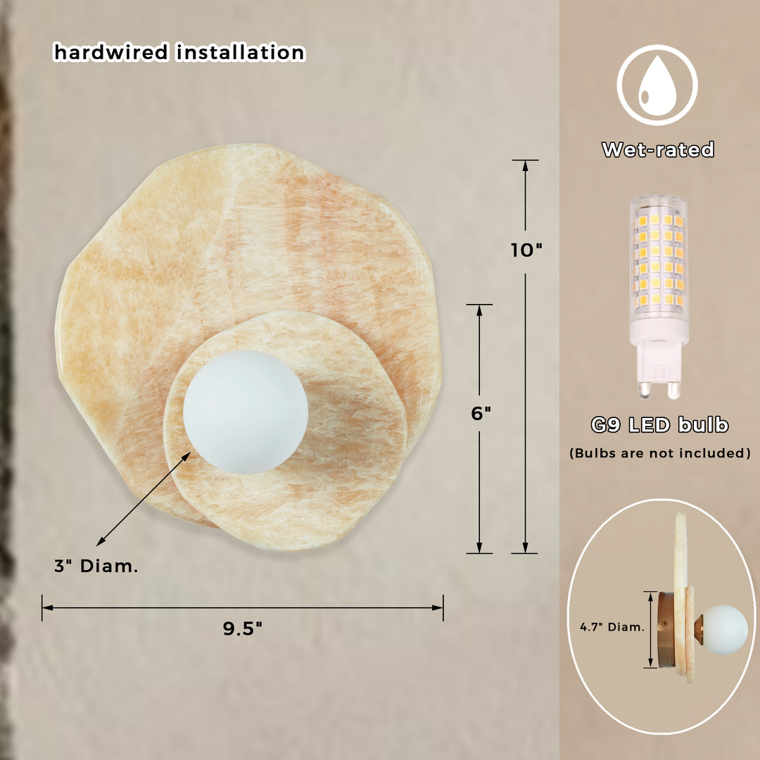 Opaline Cream Sculpture Wall Sconce: Natural Cream Onyx with Opaque White Glass Globe Bulb, Sculptural Design for Living Room, Bathroom, or Bedroom Wall Lighting