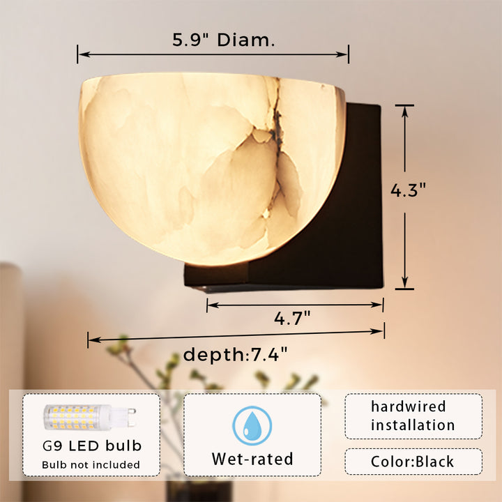 Engraved Elegance Alabaster Sconce: Handcarved Alabaster Wall Light with Globe-like Contours and Burnished Brass for Living Room, Kitchen, or Bedroom Wall Lighting