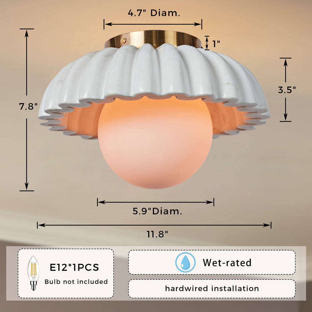 Luxury Marble Radiance Flush Mount: Vintage Fluted Marble with Glossy White Globe Shade for Bedroom Ceiling Fixtures, Living Room Ceiling Lamps, or Bedroom Light Fixtures