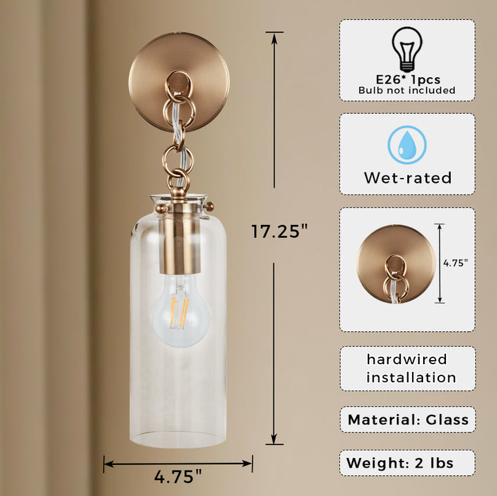 Aged Brass Sconce Wall Lamp, Retro Wall Mounted Lighting with Clear Glass Tube, Decorative Wall Light Fixture for Living Room, Bedroom, Hallway, Kitchen, Staircase