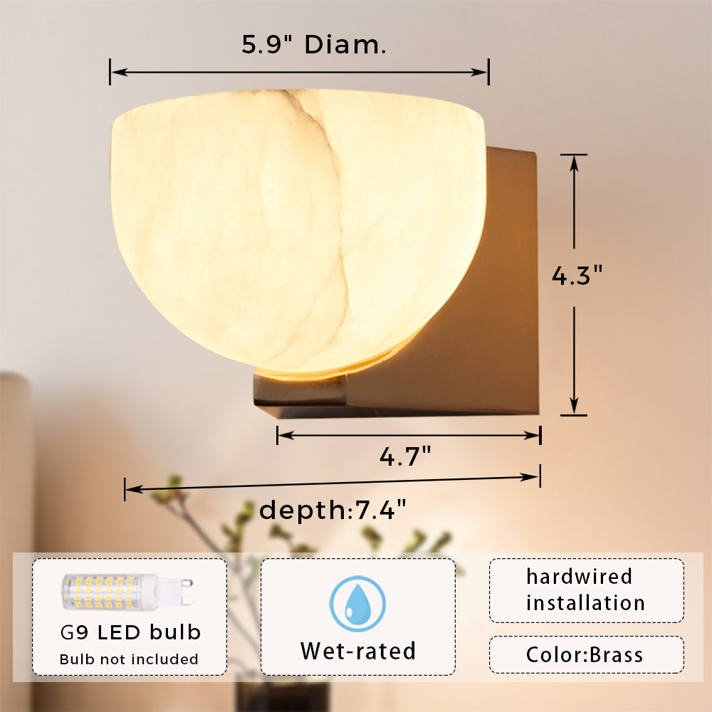 Engraved Elegance Alabaster Sconce: Handcarved Alabaster Wall Light with Globe-like Contours and Burnished Brass for Living Room, Kitchen, or Bedroom Wall Lighting