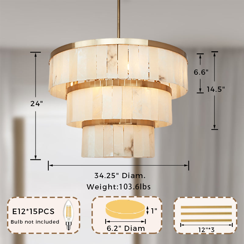 Rustic Alabaster Three-Tier Chandelier with Metal Detailing - A Stunning Rustic Chandelier Featuring Natural Stone - Perfect Hanging Light Fixture for Your Living Room