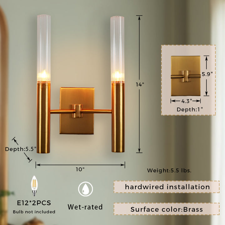 Mid-Century Modern Wall Sconce with Vintage Brass Finish and Ribbed Glass Shades - Ideal for Bathroom and Modern Living Room Fixtures