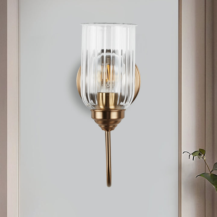 Antique Gooseneck Brass Sconce with Clear Fluted Glass, Gold Wall Mounted Lamp Beside Mirror, Wet-rated Wall Light for Bathroom, Stairs, Kitchen, Hallway, Fireplace (E26 Base)