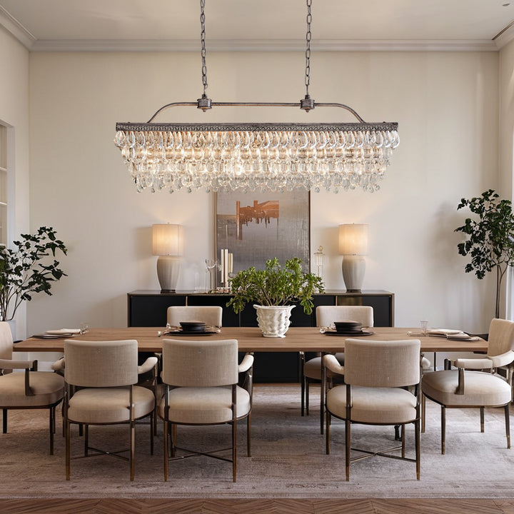 Crystal Raindrop Elegance Rectangular Chandelier - Faceted-Glass Crystals and Rain Drop Display for Dining Room and Living Room Lighting
