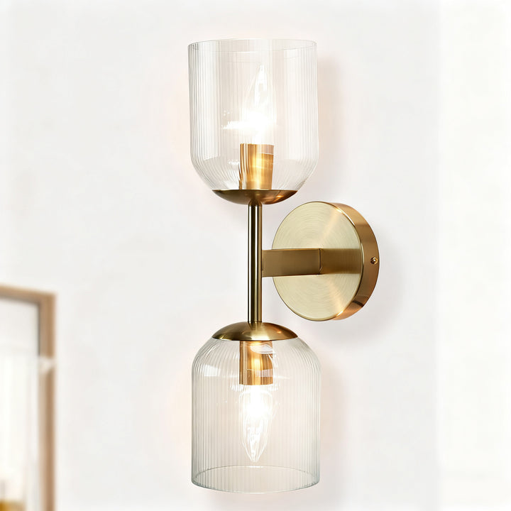 Antique Bronze Double Sconce with Ribbed Glass Shades and Bell-Shaped Design for Durable Indoor Lighting