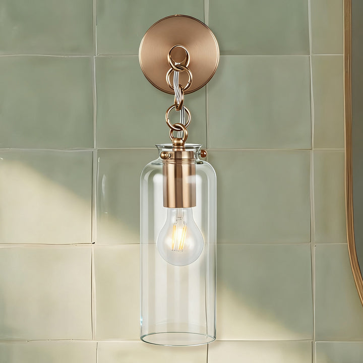 Aged Brass Sconce Wall Lamp, Retro Wall Mounted Lighting with Clear Glass Tube, Decorative Wall Light Fixture for Living Room, Bedroom, Hallway, Kitchen, Staircase