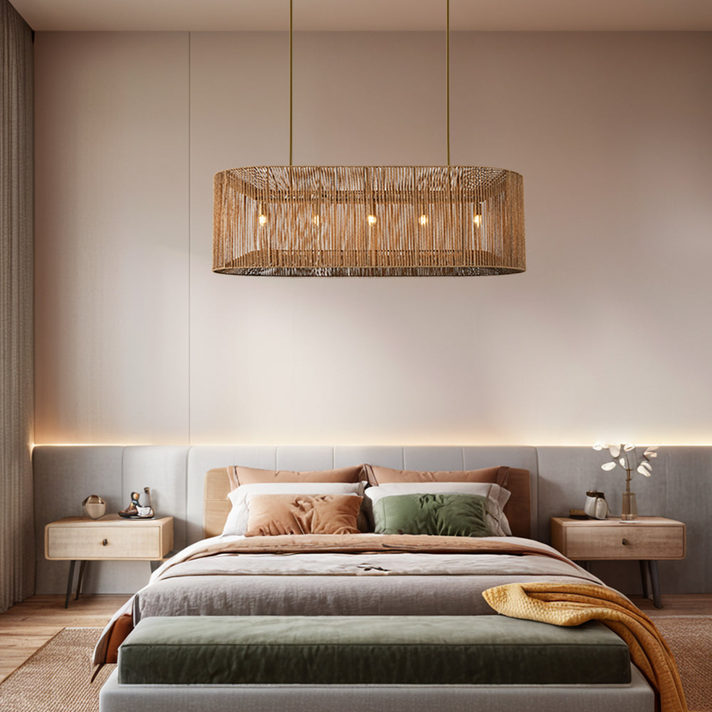 Coastal-Inspired Abaca Rope Linear Iron Chandelier – Dimmer Compatible，Ideal for Dining Room and Modern Living Room Fixtures