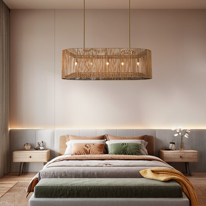 Coastal-Inspired Abaca Rope Linear Iron Chandelier – Dimmer Compatible，Ideal for Dining Room and Modern Living Room Fixtures