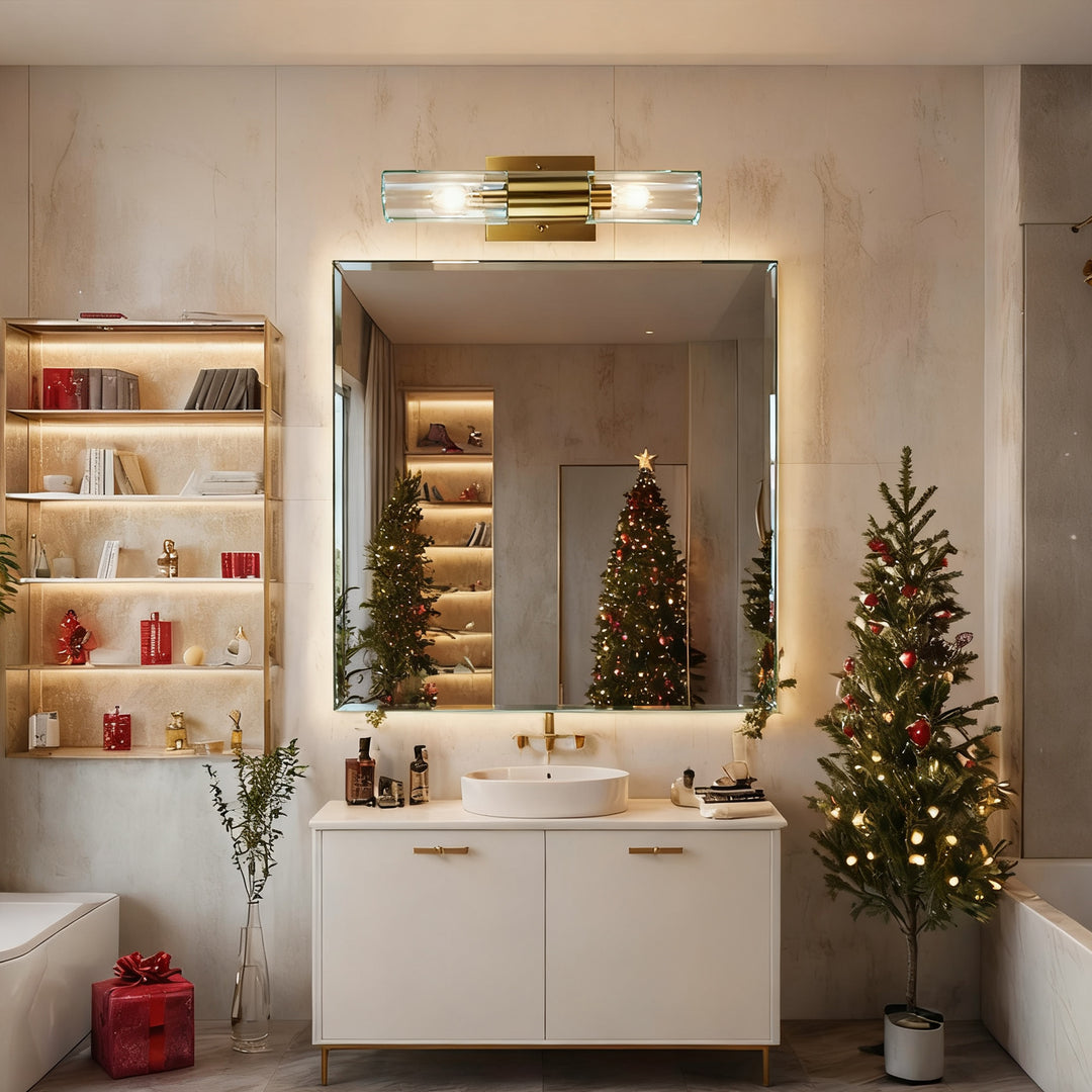 Rustic Geometric Design Double Tube Wall Sconce - Damp Rated Hand-Cut Glass Fixture for Bathroom, Bedroom Wall Sconces, and Wall Lamps