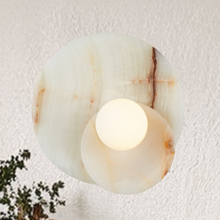 Opaline Cream Sculpture Wall Sconce: Natural Cream Onyx with Opaque White Glass Globe Bulb, Sculptural Design for Living Room, Bathroom, or Bedroom Wall Lighting