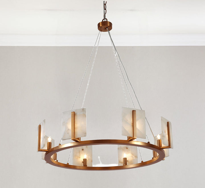 Modern Alabaster Chandelier with Antique Brass Finish - Adjustable Height for Dining Area Lighting, Ideal for Dining Room and Modern Living Room Fixtures