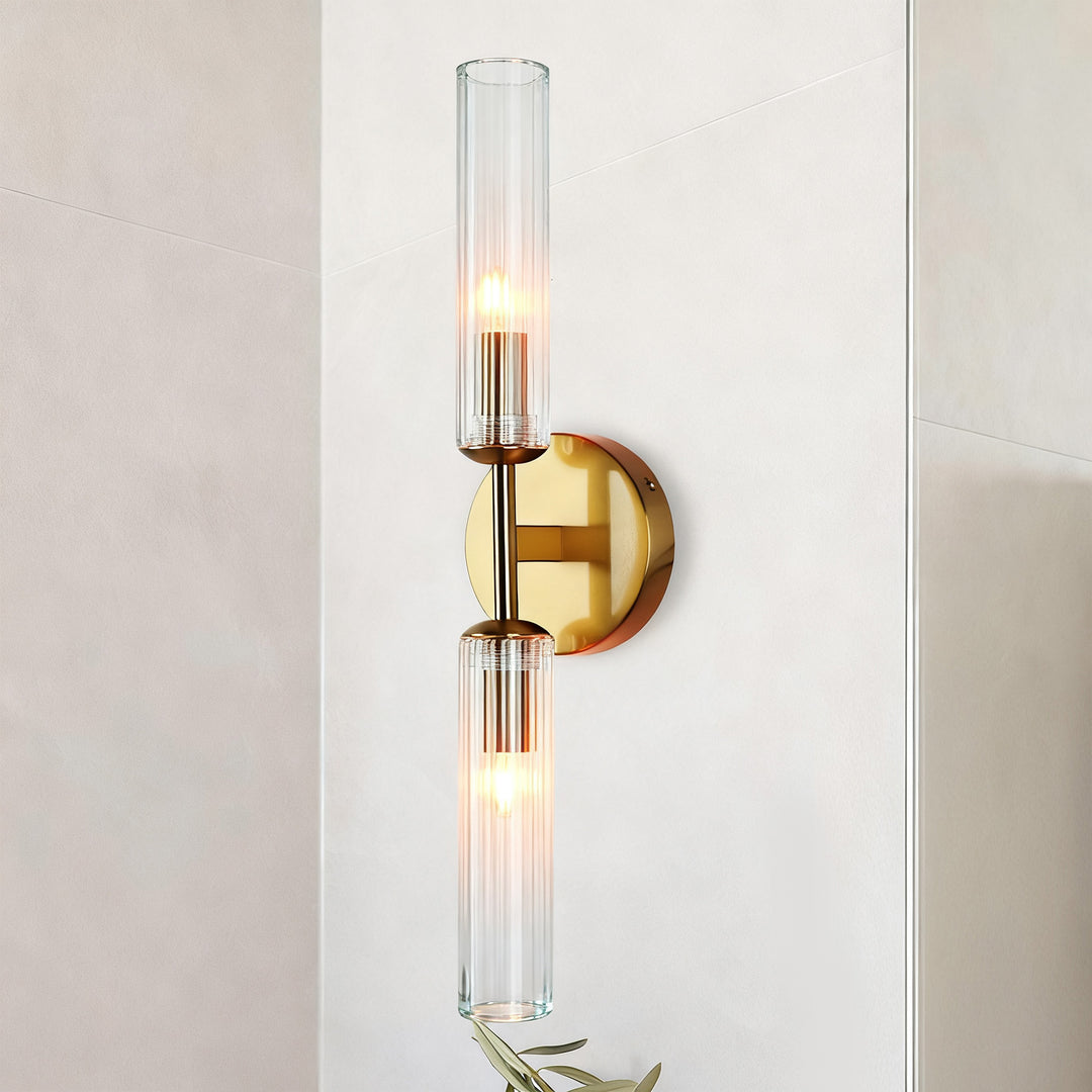 Antique Bronze Double Tube Sconce with Ribbed Glass Shades and Cylindrical Design for Durable Indoor Lighting