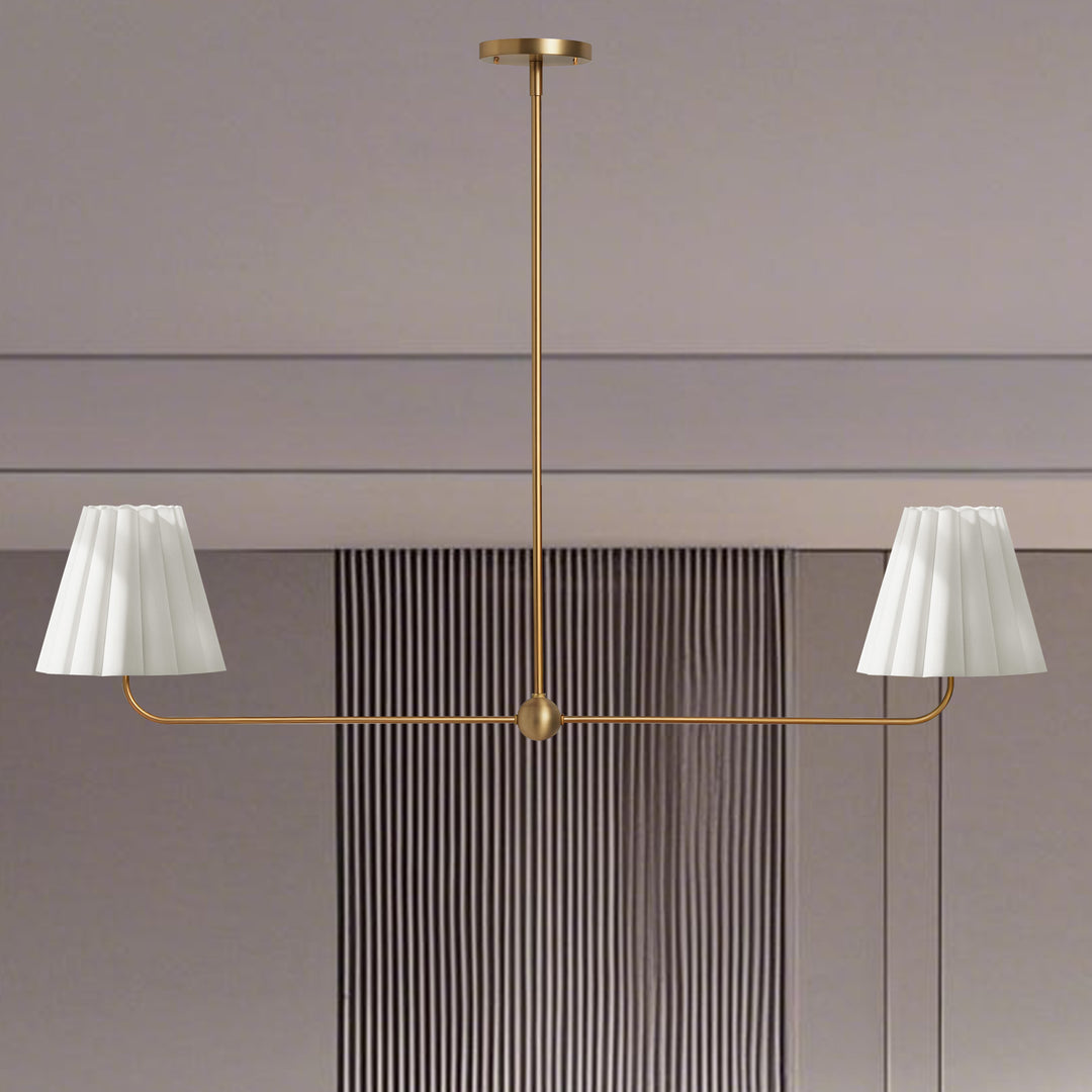 Kitchen Island Lighting with Pleated Linen Shade, 2 Lights Linear Chandelier with Adjustable Height (18-46"), Modern Ceiling Hanging Pendant Light for Dining Room, Living Room, Bedroom