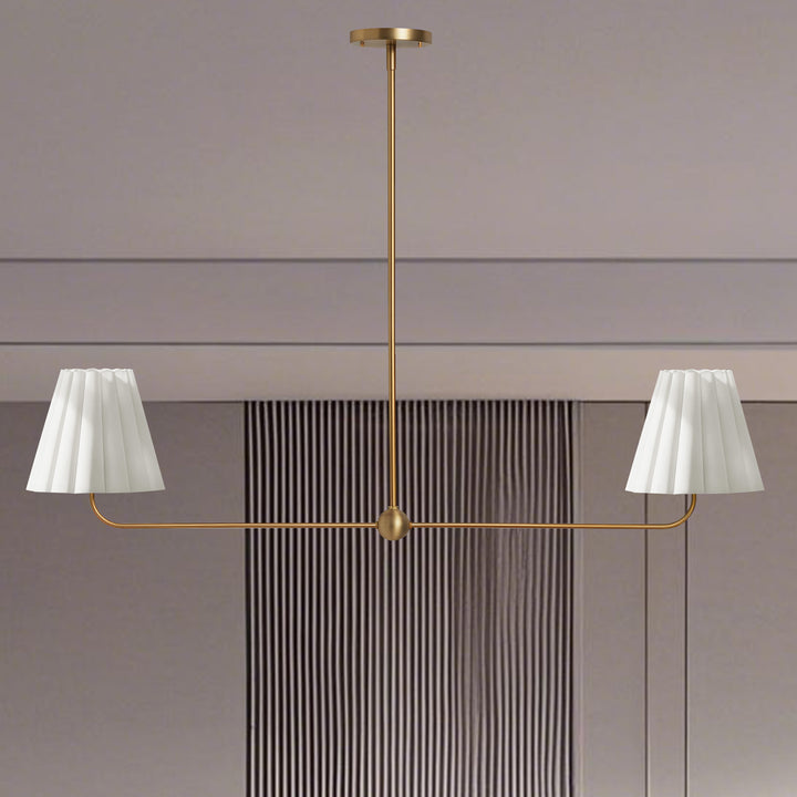 Kitchen Island Lighting with Pleated Linen Shade, 2 Lights Linear Chandelier with Adjustable Height (18-46"), Modern Ceiling Hanging Pendant Light for Dining Room, Living Room, Bedroom