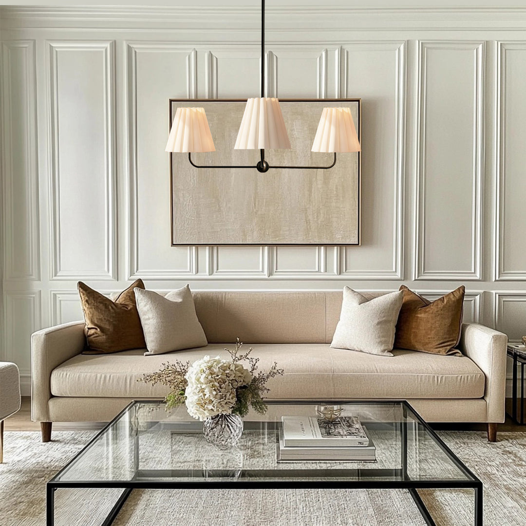 Mid-centry Modern Chandelier with Adjustable Height (18-54"), 3-Light Pendant Light over Table, Scandinavian Kitchen Island Lighting Fixture with Linen Shade for Dining Room Living Room