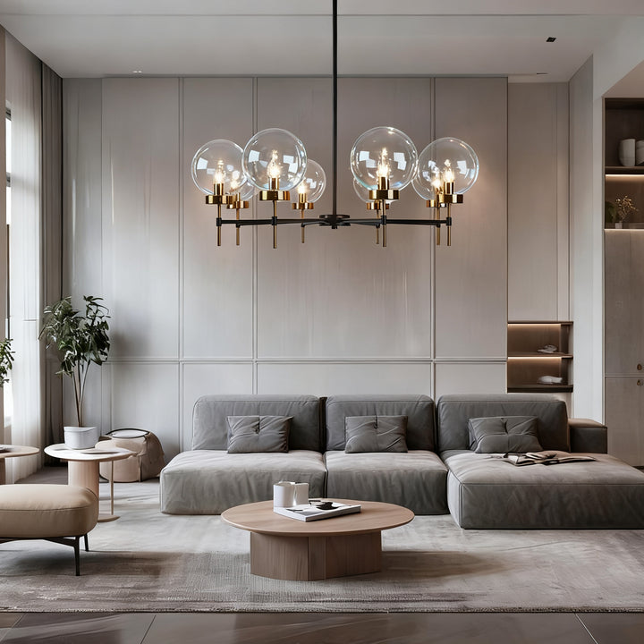 Mid-Century Modern Blown Glass Globe Chandelier - Adjustable Height with Two-Toned Metals for Dining Room, Living Room, and Sitting Room Lighting