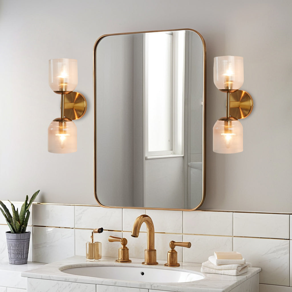 Antique Bronze Double Sconce with Ribbed Glass Shades and Bell-Shaped Design for Durable Indoor Lighting