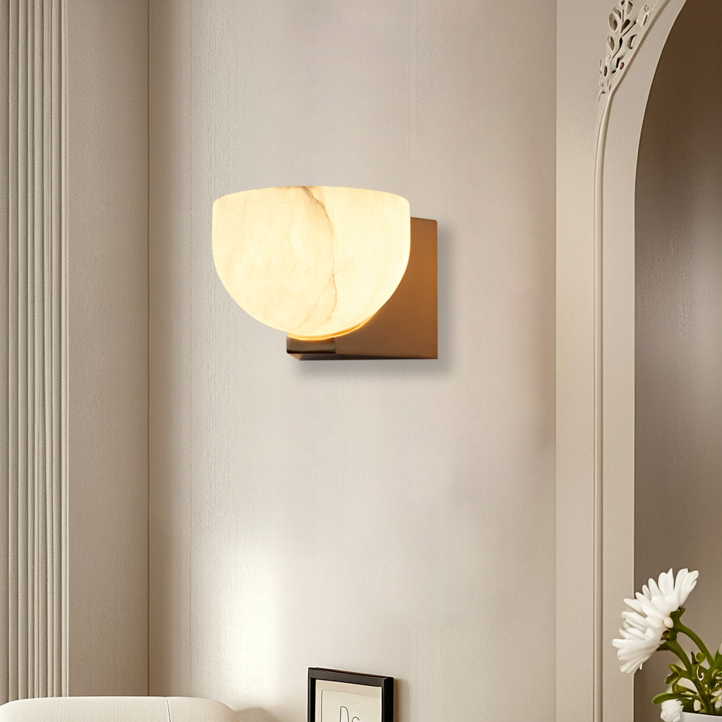Engraved Elegance Alabaster Sconce: Handcarved Alabaster Wall Light with Globe-like Contours and Burnished Brass for Living Room, Kitchen, or Bedroom Wall Lighting