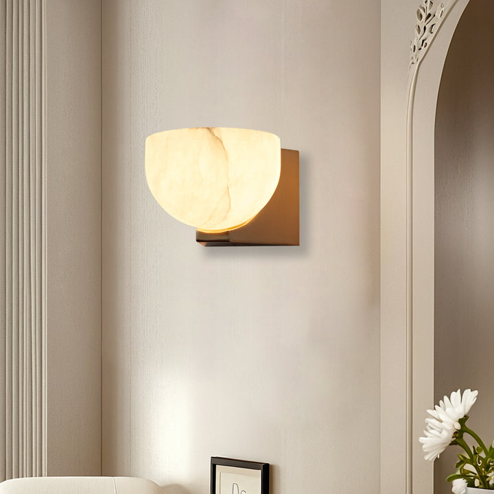 Engraved Elegance Alabaster Sconce: Handcarved Alabaster Wall Light with Globe-like Contours and Burnished Brass for Living Room, Kitchen, or Bedroom Wall Lighting