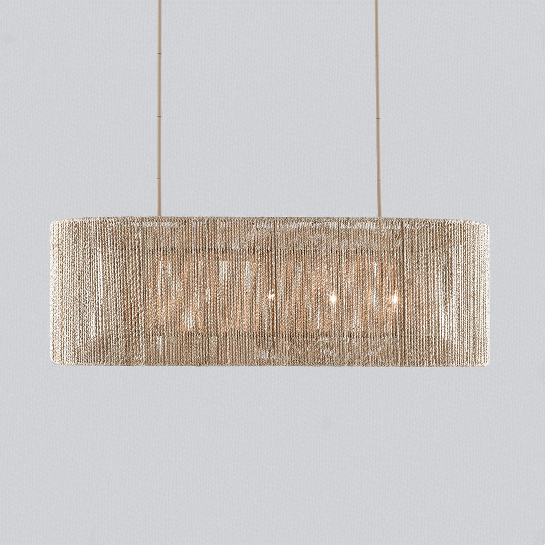 Coastal-Inspired Abaca Rope Linear Iron Chandelier – Dimmer Compatible，Ideal for Dining Room and Modern Living Room Fixtures