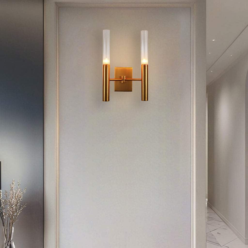 Mid-Century Modern Wall Sconce with Vintage Brass Finish and Ribbed Glass Shades - Ideal for Bathroom and Modern Living Room Fixtures
