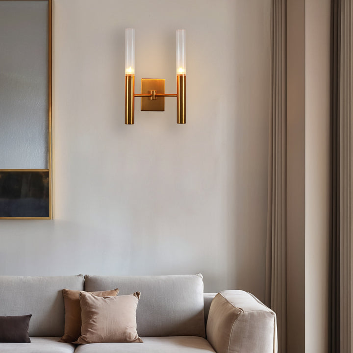Mid-Century Modern Wall Sconce with Vintage Brass Finish and Ribbed Glass Shades - Ideal for Bathroom and Modern Living Room Fixtures