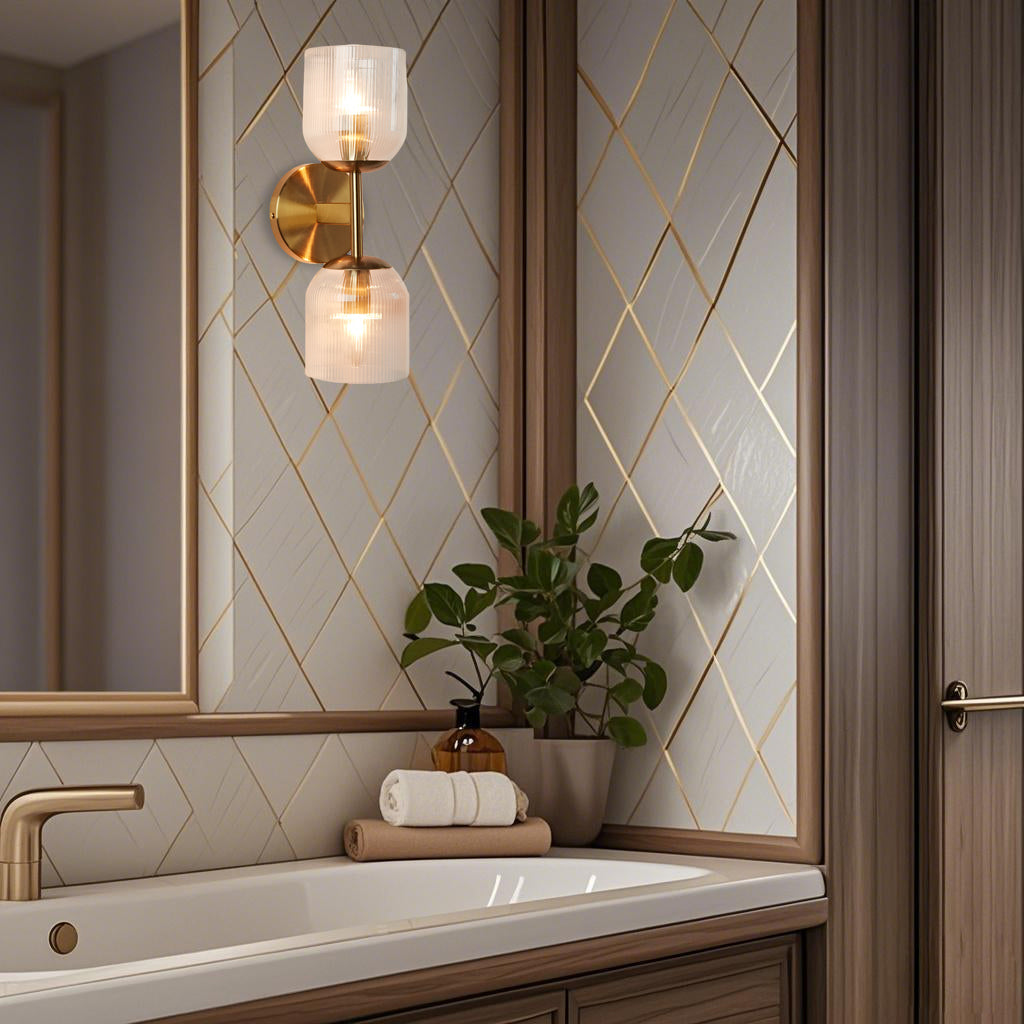 Antique Bronze Double Sconce with Ribbed Glass Shades and Bell-Shaped Design for Durable Indoor Lighting